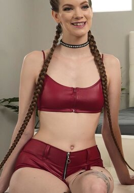 Brunette with a tight bum shows her messy landing strip in lezdom