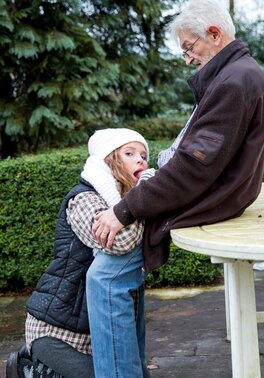 Beautiful redhead Chloe Foster sucking the older man for cash