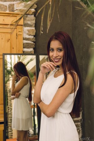 Love in a white dress came to the living room to bang herself with fingers