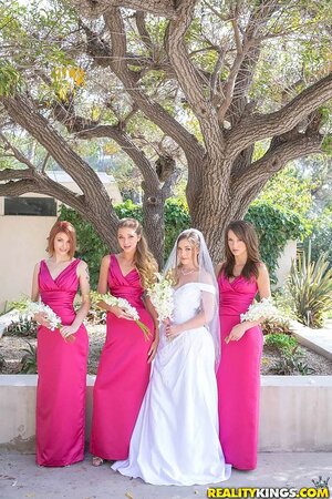 Girl in wedding dress and maids of honor adore having hot lesbian entertainment