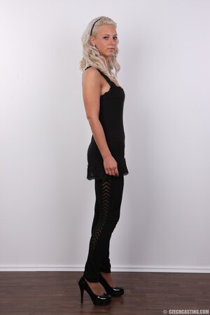 Cameraman fascinated by beauty of blonde with small tits ready to pose