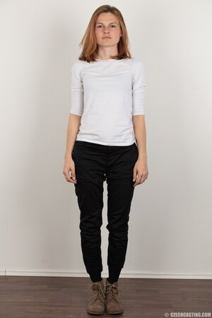 Ginger with small boobs deletes clothes but keeps secret something under panties