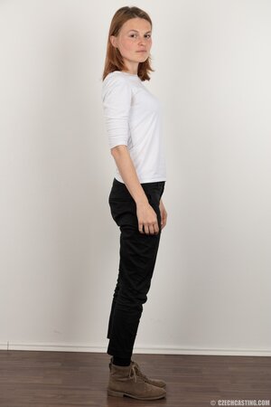 Ginger with small boobs deletes clothes but keeps secret something under panties