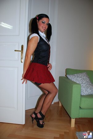 After fun with dildo twin-tailed brunette is ready for affair with old man