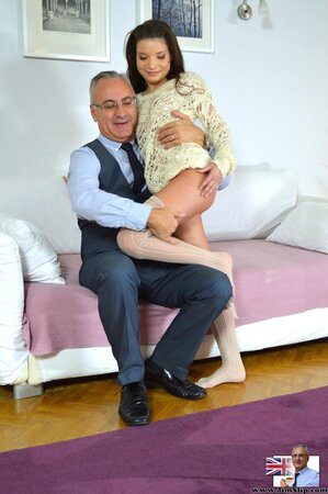 Skinny beauty drilled by old but rich man for supporting on his couch