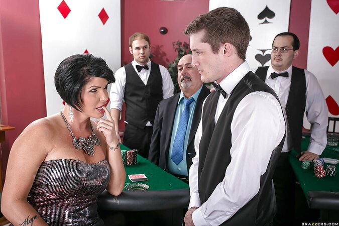 Full-bosomed brunette's chin is covered with cum after sex with blackjack dealer