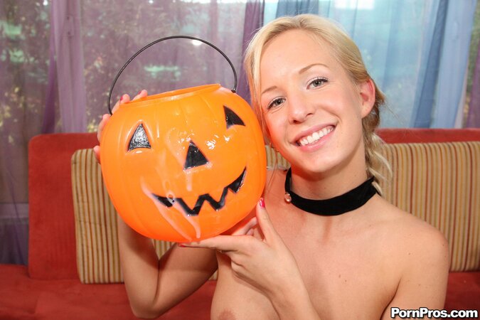 Teen blonde in polka dot dress sucks huge friend's dick till he cums