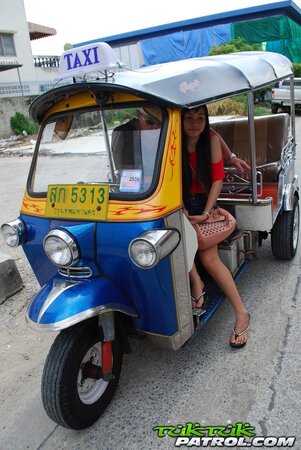 Owner of auto rickshaw coaxes exotic cutie to pose together with him