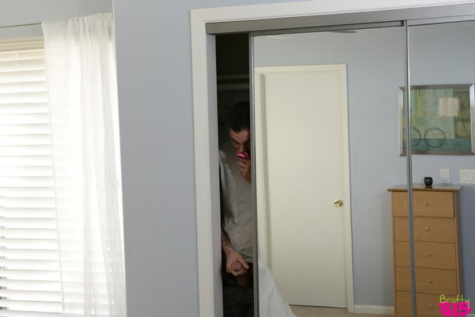 Young man spies on masturbating stepsister and them enters the room and fucks her