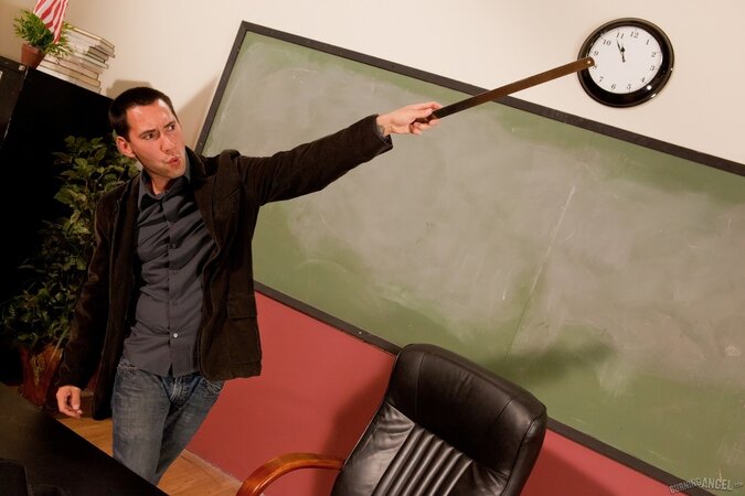 Pornstar with a bow in her hair tempts teacher into nailing her in the classroom