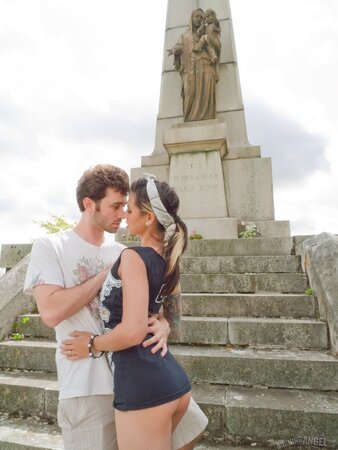 Chick in striped high socks and curly boyfriend have sex by a monument