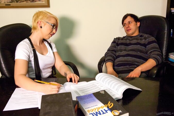 Girl in white stockings with glasses has an idea to have sex with her classmate