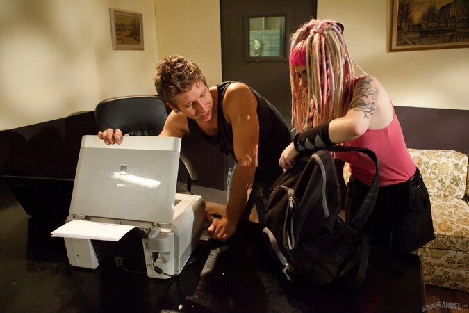 Curly guy comes to fix fax machine and fucks alt chick's tight orifices