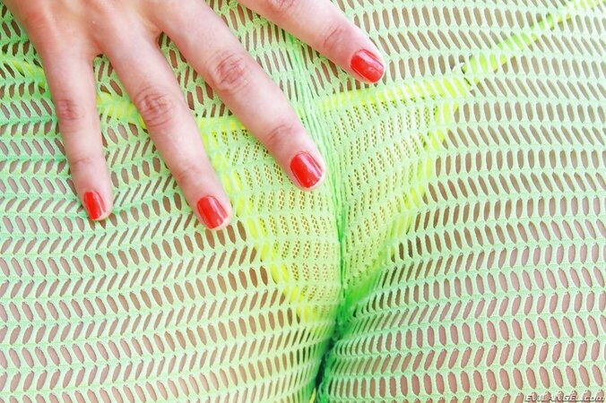 Blonde slut's hungry pussy tries to swallow panties and mesh leggings