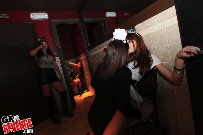 Lesbian bitches get drunk and lick each other's twats in public toilet