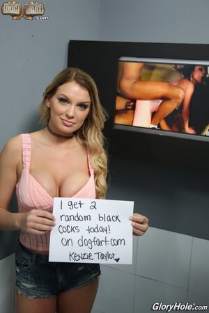 Busty gloryhole whore opens her mouth and spreads anal hole for two BBCs