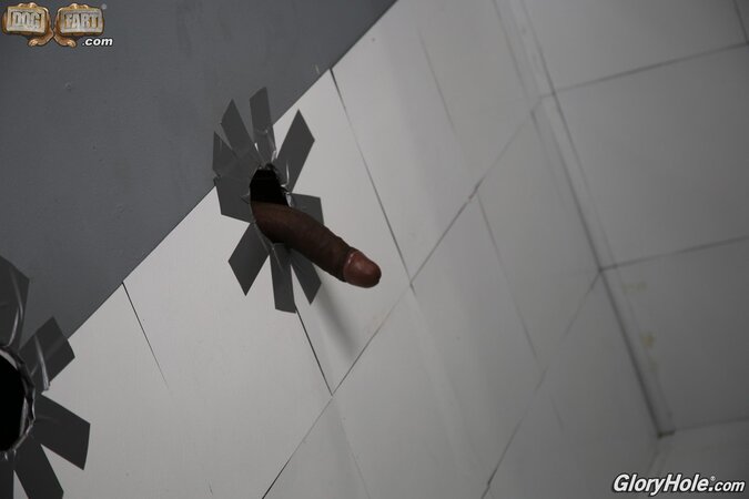 Busty gloryhole whore opens her mouth and spreads anal hole for two BBCs