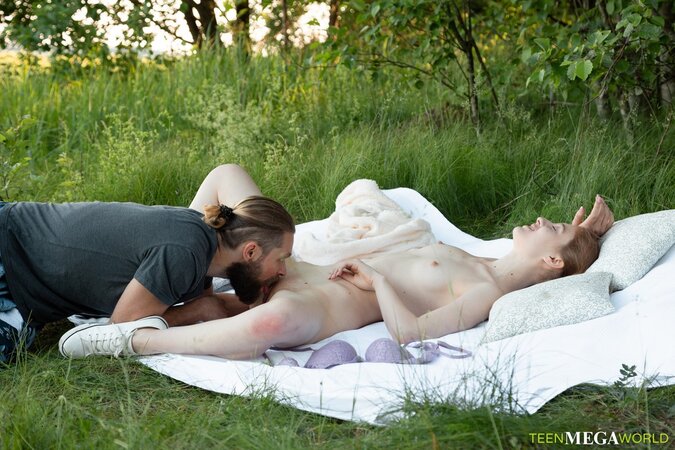 Pigtailed chick is going to fuck outdoors by a really hung one