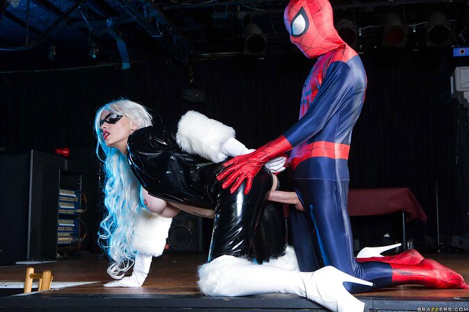 Spider-man fucks platinum blonde villain in latex showing why he is a superhero