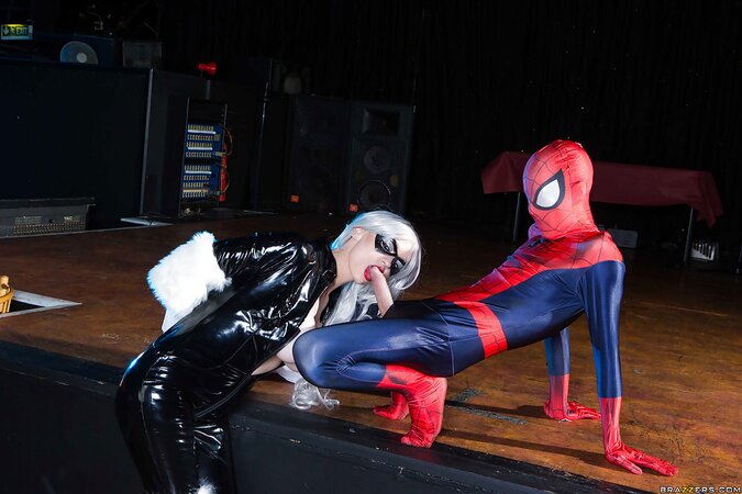 Young woman with blonde hair called spider-man home to give him a blowjob