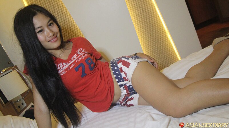 Hot Asian lady in red shows pussy and gets banged as well