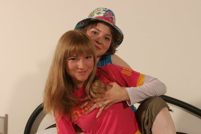 Cute teens Elena E & Larisa handcuff and fuck each other