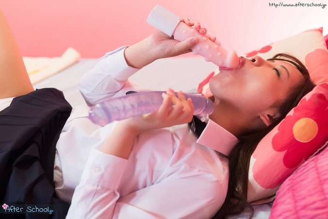 Cute Asian teen plays with two dildos before trying a real dick