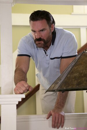 Hot brunette babe fucks her bf's hung dad right in front of him