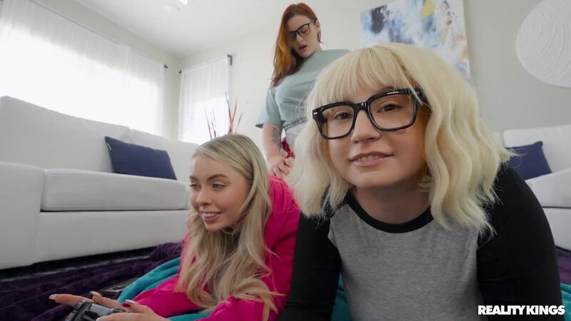 Two horny blonde teens worship their big busted MILF teacher