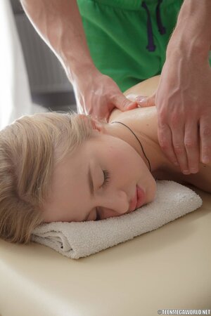 Blondie with an oily body is going to take masseur's hard D