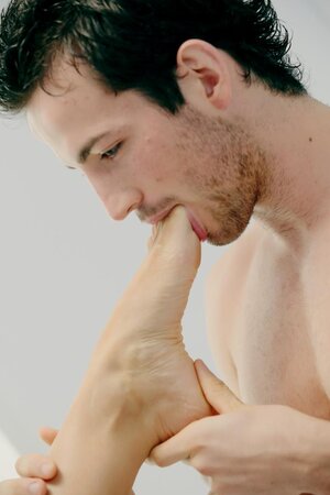 Red panties girl lets him lick her feet as he fucks her