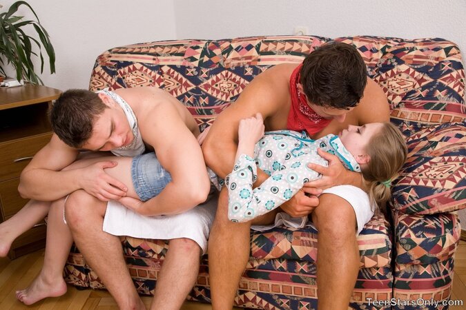 Skinny teen swallows cum loads from her roommates’ fat dicks