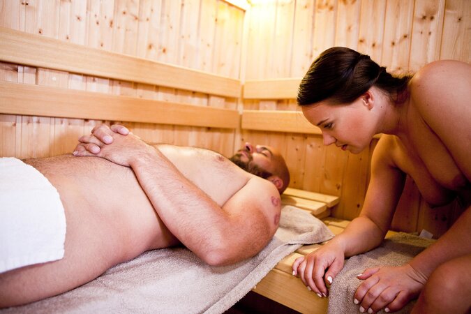 His gaze never leaving hers as they fuck in the sauna hard