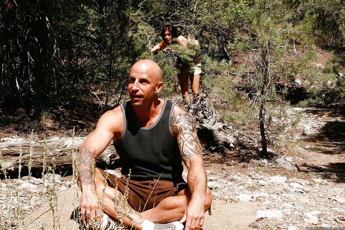 Brunette experiencing intense pleasure outside with hard cock