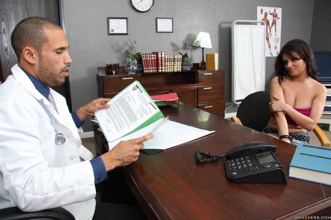 The doctor will play with her luscious, trimmed pussy at work