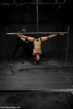 Upside down pussy torture for a twisted hairy whore here