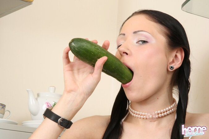 Big boobs brunette fucking herself with a sexy cucumber big time