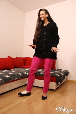 German lady with long legs enjoying a strong cock inside too