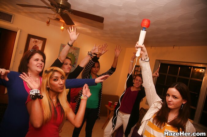 Lesbians enjoy group fun with big boobs and big asses at a sorority party