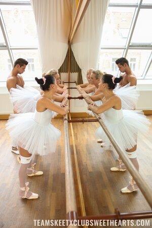 Three skinny ballerinas Cayla Lyons, Evelyn Dellai and Vinna Reed get fucked by tutor Angelo Godshack