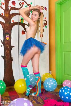 Tiffany gets naked amid balloons after showing her no-panty upskirt