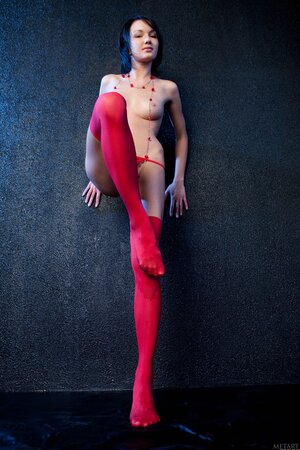 Loreen A flaunts her hairy twat in red stockings