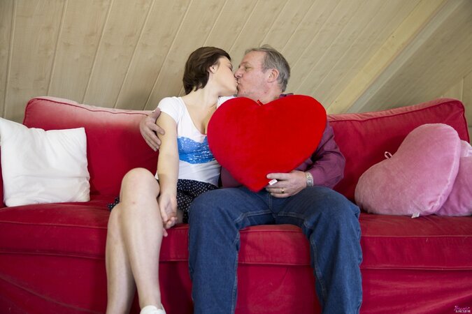 Young brunette teen Veronica Morre enjoys hardcore sex and a facial from an old man