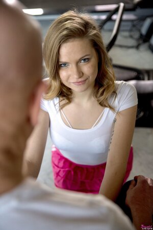 Cute blonde with tiny tits on her knees to suck an older man