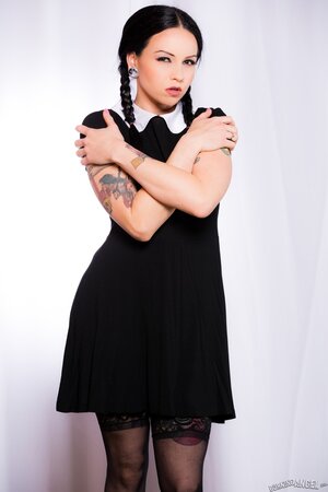 Necro Nikki strips and spreads as Wednesday Addams