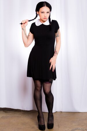 Necro Nikki strips and spreads as Wednesday Addams