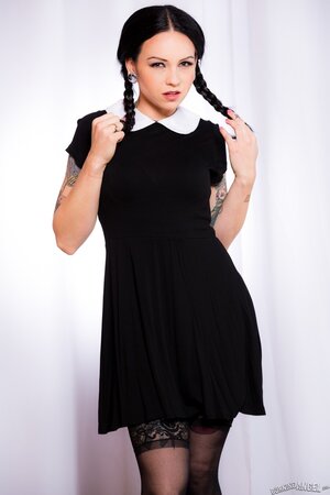 Necro Nikki strips and spreads as Wednesday Addams