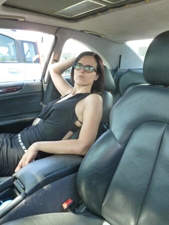 Rosy B plays with her pussy in the car and then gives a blowjob in the house