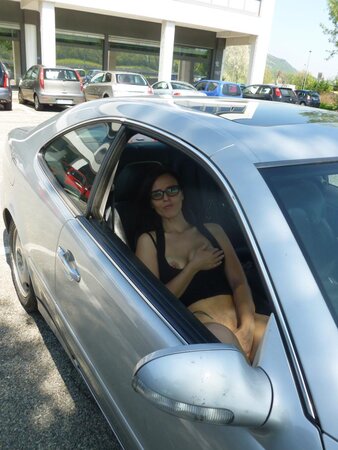 Rosy B plays with her pussy in the car and then gives a blowjob in the house