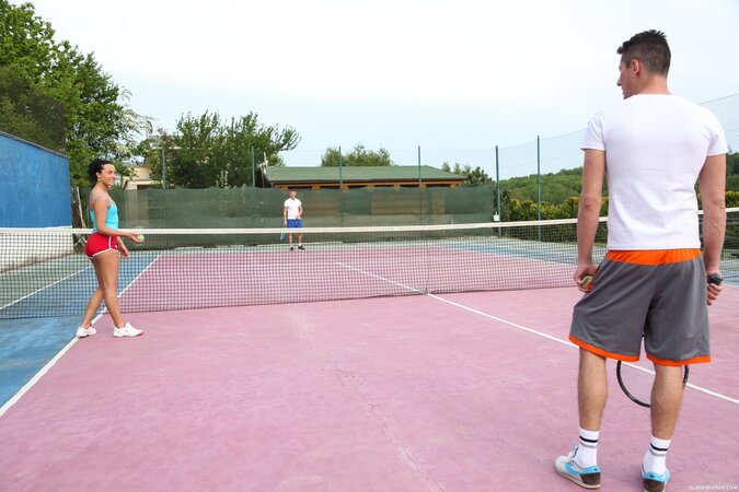 Brunette babe with small tits interrupting the tennis match